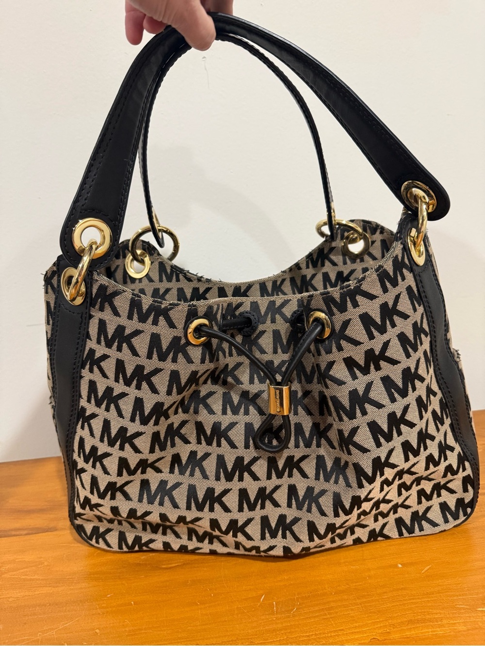 Michael Kors Black and Beige MK Logo Drawstring Shoulder Bag